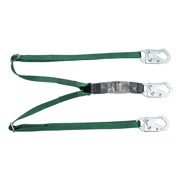 MSA V-Series Standard Energy Absorbing Lanyard, Twin Leg w/ 36C Small Snap Hooks, 6', Green, 1/Each