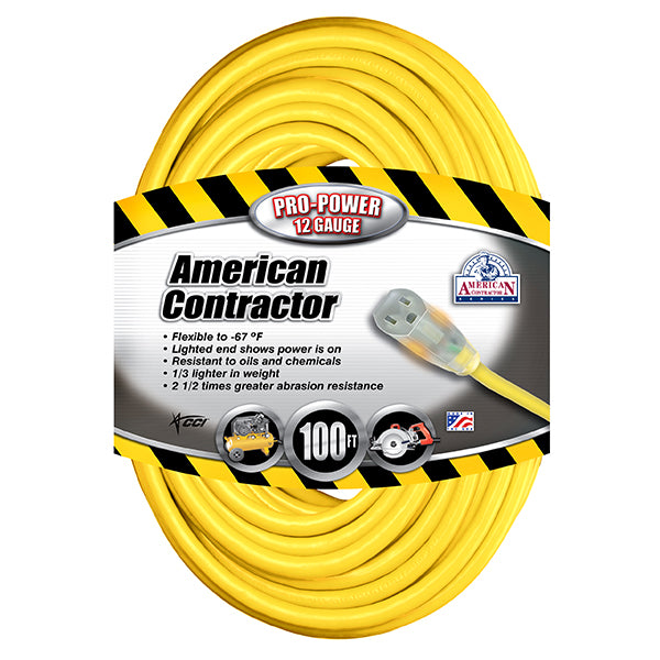Southwire® Vinyl SJTW Outdoor Extension Cord w/ Lighted End, 12/3 ga, 15 A, 100', Yellow, 1/Each