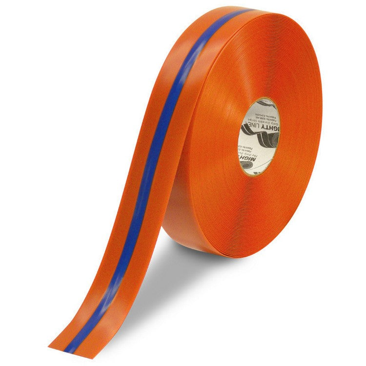 Mighty Line 2" Orange Tape with Blue Center Line - 100' Roll