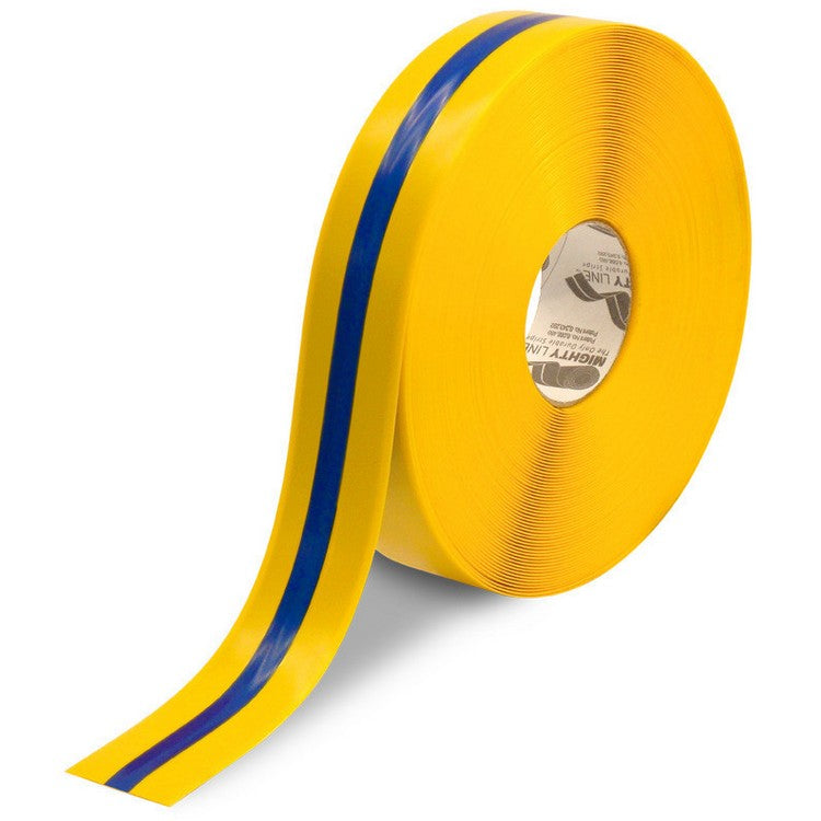 Mighty Line 2" Yellow Tape with Blue Center Line - 100' Roll