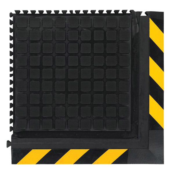 M + A Hog Heaven III™ Modular Tile Comfort Mat, Corner Tile, 21 7/8" x 21 7/8", Black w/ Yellow Border, 1/Each
