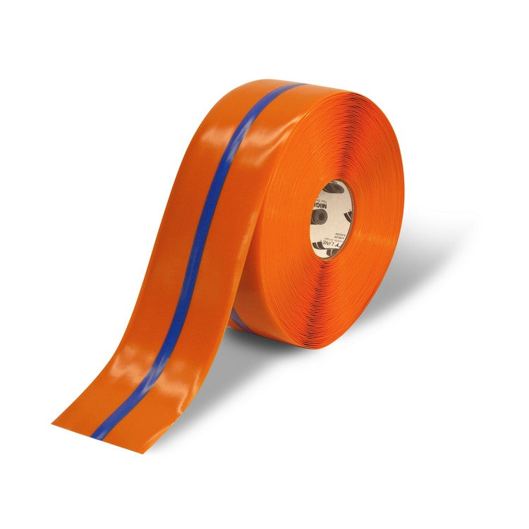 Mighty Line 4" Orange Tape with Blue Center Line - 100' Roll