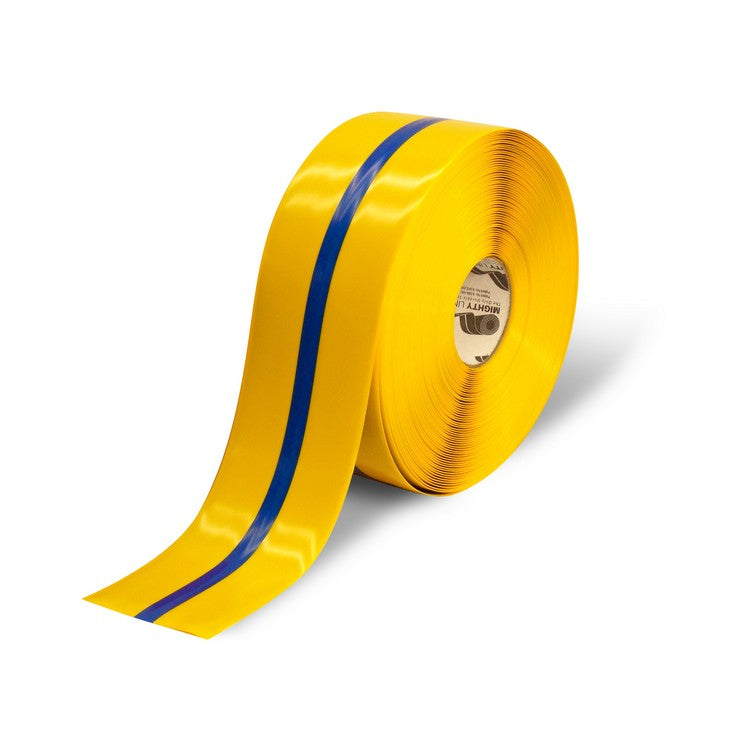 Mighty Line 4" Yellow Tape with Blue Center Line - 100' Roll