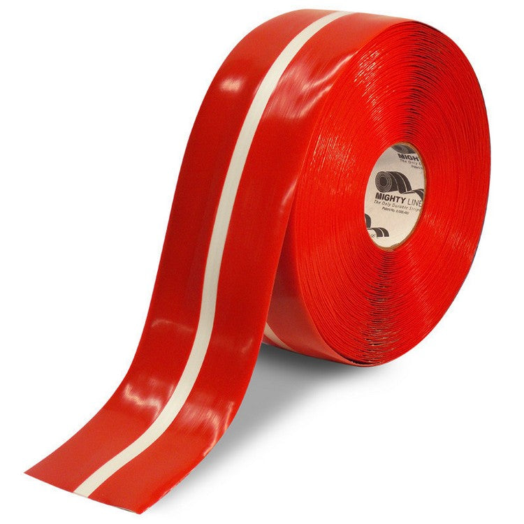 Mighty Line 4" Red Tape with White Center Line - 100' Roll