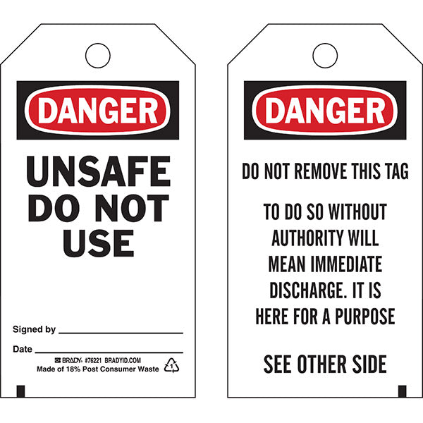Brady® Lockout Tags, Danger: "Unsafe Do Not Use", Economy Polyester, 5 3/4" x 3", Red/Black/White, 25/Pkg