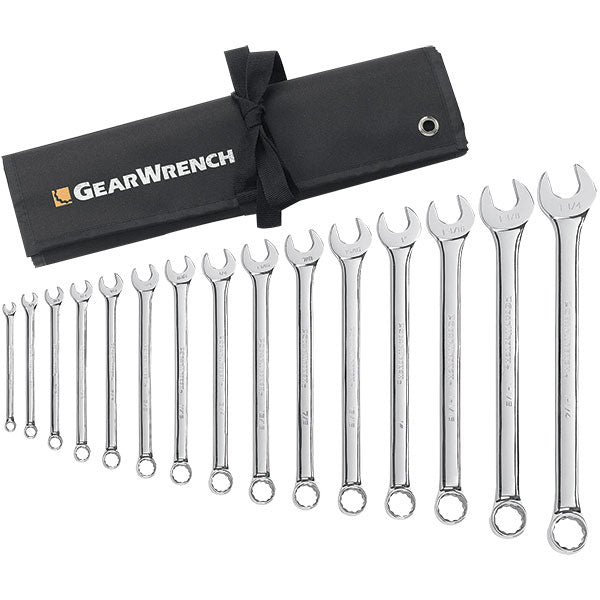 GearWrench® 15-Piece, 12-Point Long Pattern Combination Wrench Set w/ Tool Roll, SAE, 1/Each