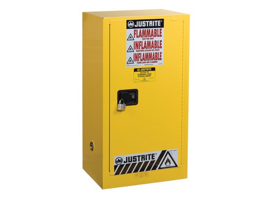 Justrite 15-Gallon Sure-Grip EX Self-Closing Compac Countertop Cabinet - Yellow