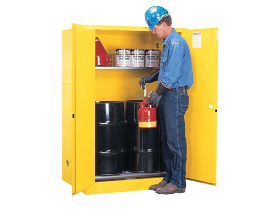 Justrite Sure-Grip EX Manual-Close Double Drum Storage Cabinet for 30-Gallon Drums - Yellow