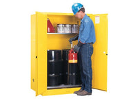 Thumbnail for Justrite Sure-Grip EX Manual-Close Double Drum Storage Cabinet for 30-Gallon Drums - Yellow