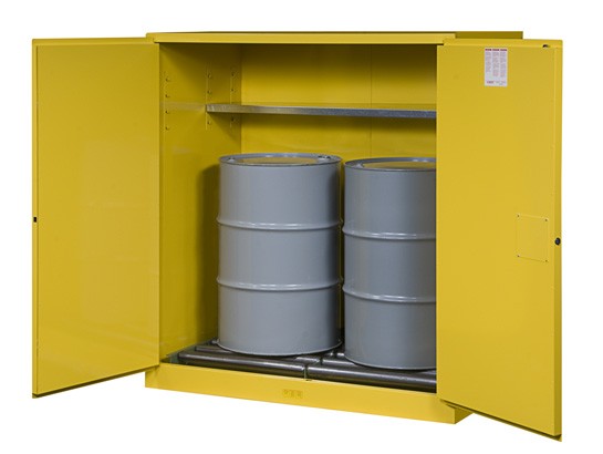 Justrite 110-Gallon Sure-Grip EX Manual-Close Double Drum Cabinet - Yellow
