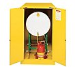 Thumbnail for Justrite 110-Gallon Sure-Grip EX Self-Closing Double Drum Storage Cabinet with Rollers - Yellow