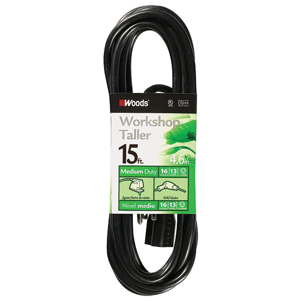 Southwire® Vinyl SJTW Outdoor Extension Cord, 16/3 ga, 13 A, 15', Black, 1/Each