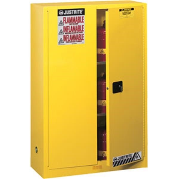 Justrite® Sure-Grip® EX Safety Cabinet w/ Manual Doors, 45 gal, 65"H x 43"W x 18"D, 2 Shelves, Yellow, 1/Each