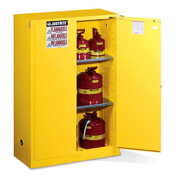 Justrite® Sure-Grip® EX Safety Cabinets w/ Self-Closing Doors, 45 gal, 65"H x 43"W x 18"D, IFC, 2 Shelves, Yellow, 1/Each