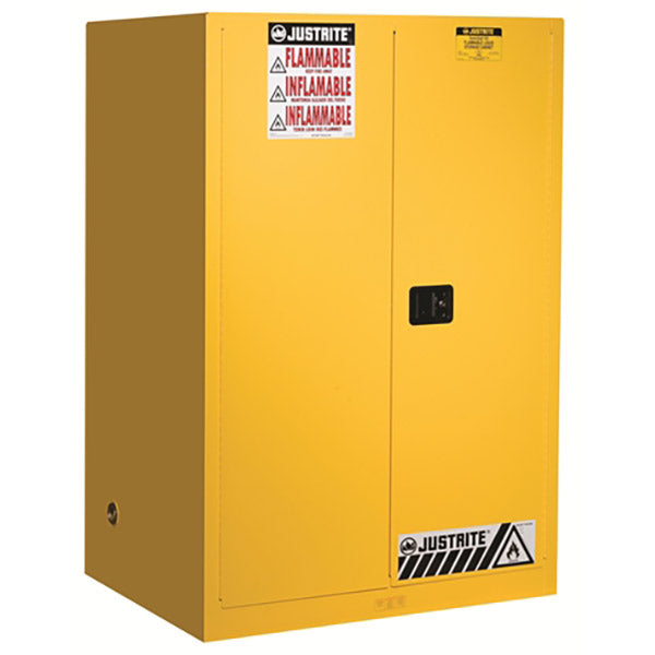 Justrite® Sure-Grip® EX Safety Cabinets w/ Self-Closing Doors, 90 gal, 65"H x 43"W x 34"D, IFC, 2 Shelves, Yellow, 1/Each