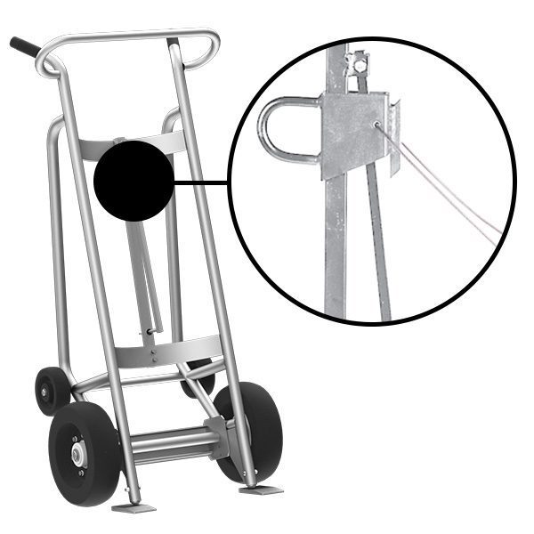 Valley Craft 4-Wheel Drum Hand Truck - Aluminum, (2) Pneumatic Wheels, (2) Rear Poly, Hand Brake, 1000 lb. Capacity, Chime Hook w/ Security Cable for Steel/Plastic/Fiber Drums