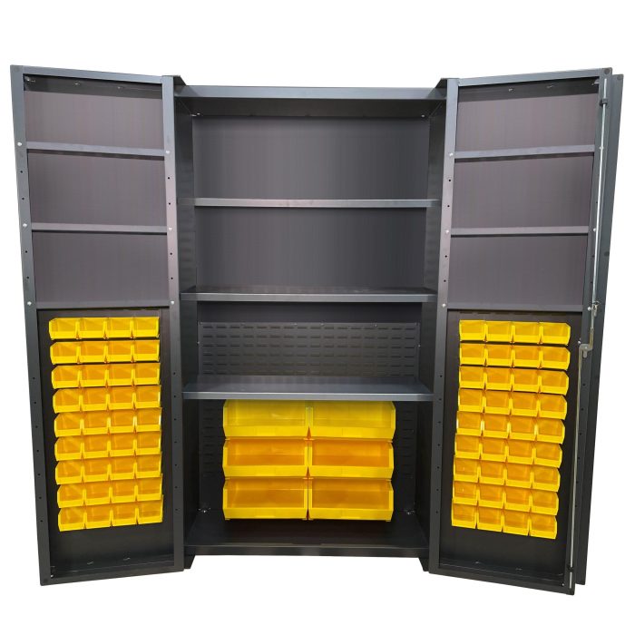 Valley Craft Bin & Shelf Cabinet, Deep Door - 48"W x 24"D x 84"H, Half Bins, Half Louvered Door Panels/Back, (78) Bins, (3) Interior Shelves (6) Door Shelves, 14 Gauge