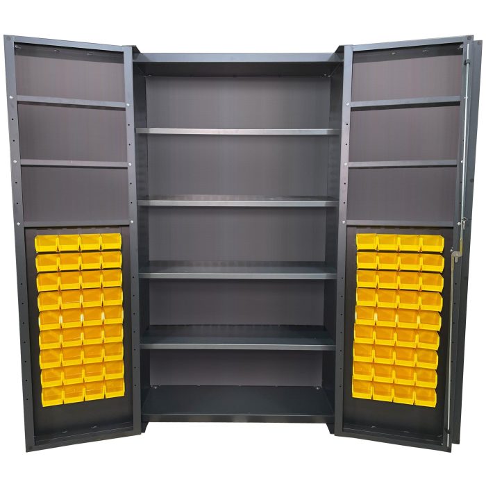 Valley Craft Bin & Shelf Cabinet, Deep Door - 48"W x 24"D x 84"H, Door Bins, Half Louvered Door Panels, (72) Bins,(4) Interior Shelves (6) Door Shelves, 14 Gauge