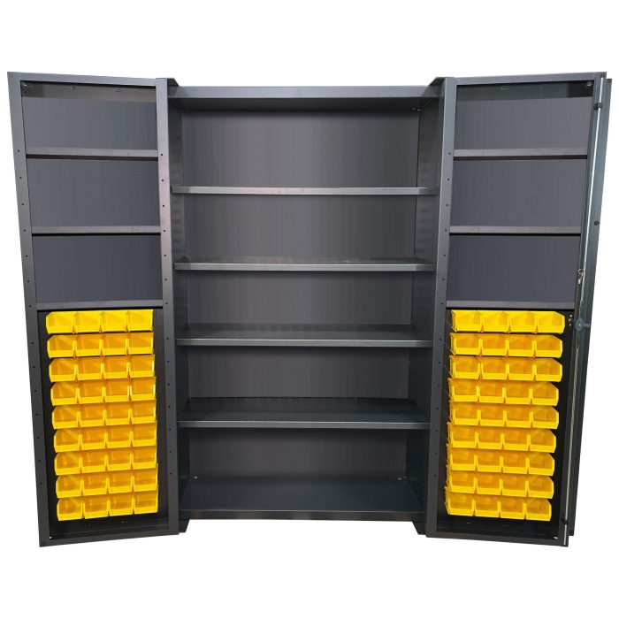 Valley Craft Bin & Shelf Cabinet, Deep Door - 48"W x 24"D x 78"H, Door Bins, Half Louvered Door Panels, (72) Bins,(4) Interior Shelves (6) Door Shelves, 14 Gauge