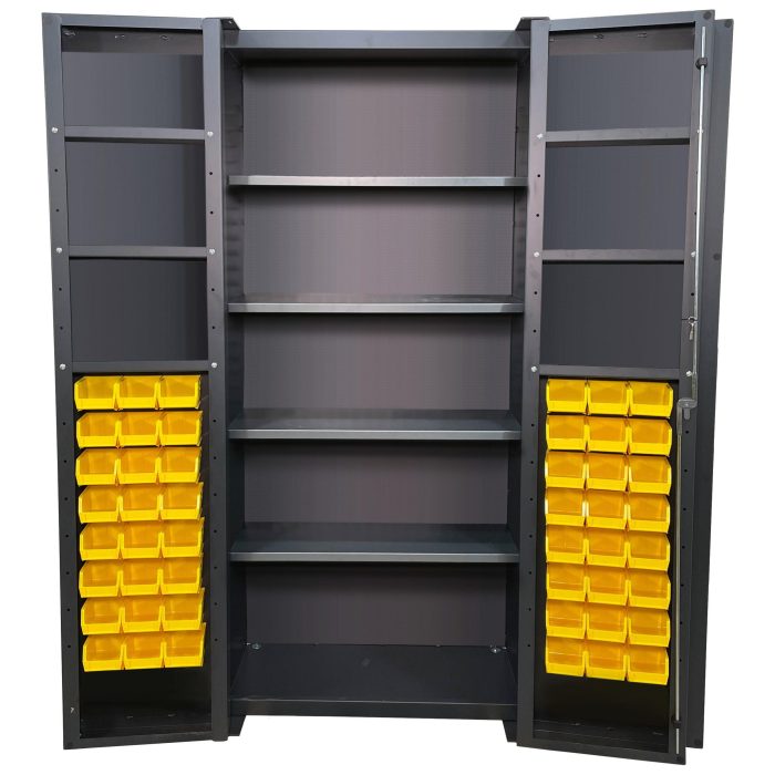 Valley Craft Bin & Shelf Cabinet, Deep Door - 36"W x 24"D x 78"H, Door Bins, Half Louvered Door Panels, (48) Bins,(4) Interior Shelves (6) Door Shelves, 14 Gauge