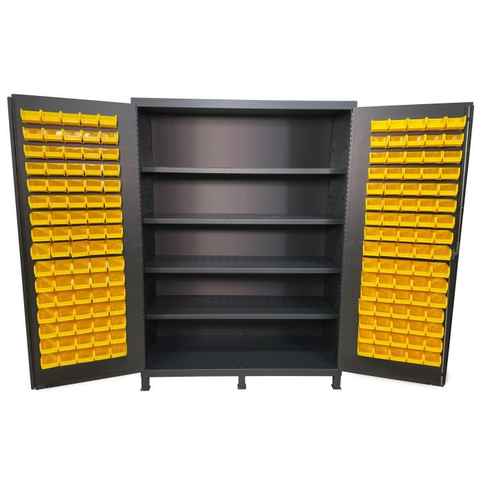 Valley Craft Bin & Shelf Cabinet - 60"W x 24"D x 84"H, Door Bins, Louvered Door Panels, (160) Bins,(4) Shelves, 14 Gauge
