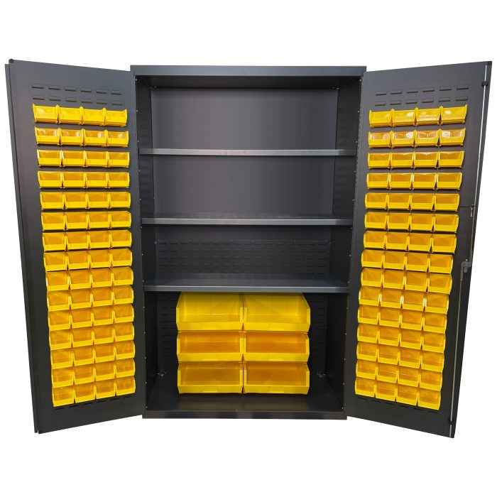 Valley Craft Bin & Shelf Cabinet - 48"W x 24"D x 78"H, Half Bins, Louvered Door Panels, Half Louvered Cabinet Back, (126) Bins, (3) Shelves, 14 Gauge
