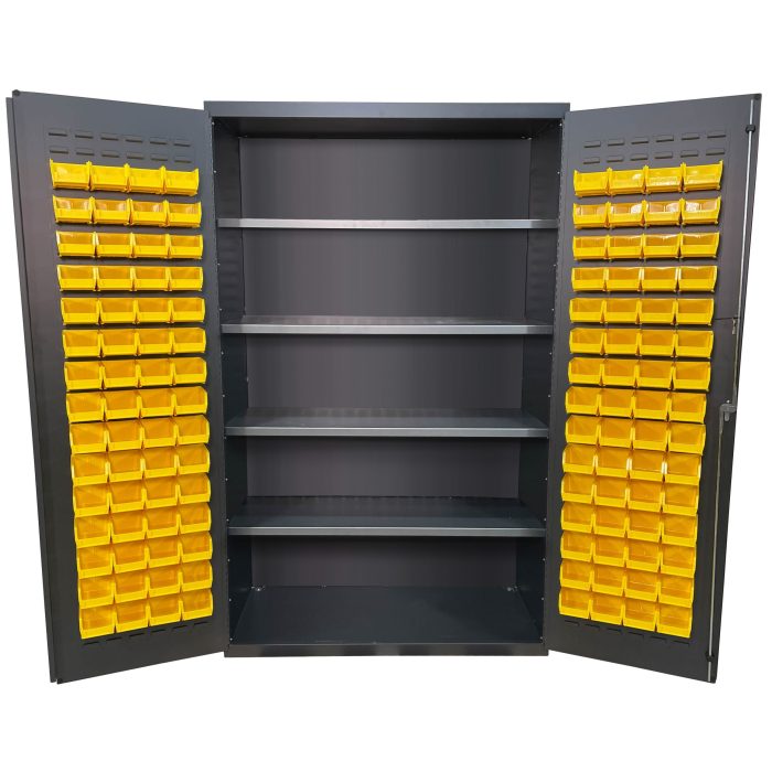 Valley Craft Bin & Shelf Cabinet - 48"W x 24"D x 78"H, Door Bins, Louvered Door Panels, (120) Bins,(4) Shelves, 14 Gauge