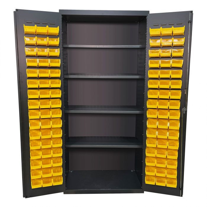 Valley Craft Bin & Shelf Cabinet - 36"W x 24"D x 78"H, Door Bins, Louvered Door Panels, (96) Bins,(4) Shelves, 14 Gauge