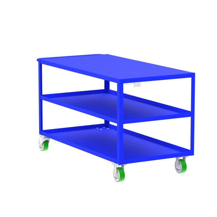 Valley Craft 3-Shelf Utility Cart - Flat Top, 60"L x 30"W x 36"H, 2000 lb. Capacity, (4) Non-Marking Poly Casters, Blue