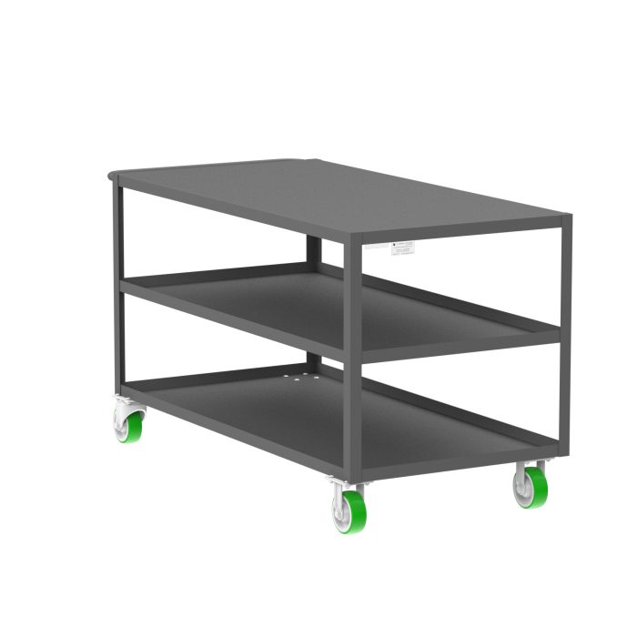 Valley Craft 3-Shelf Utility Cart - Flat Top, 60"L x 30"W x 36"H, 2000 lb. Capacity, (4) Non-Marking Poly Casters, Gray