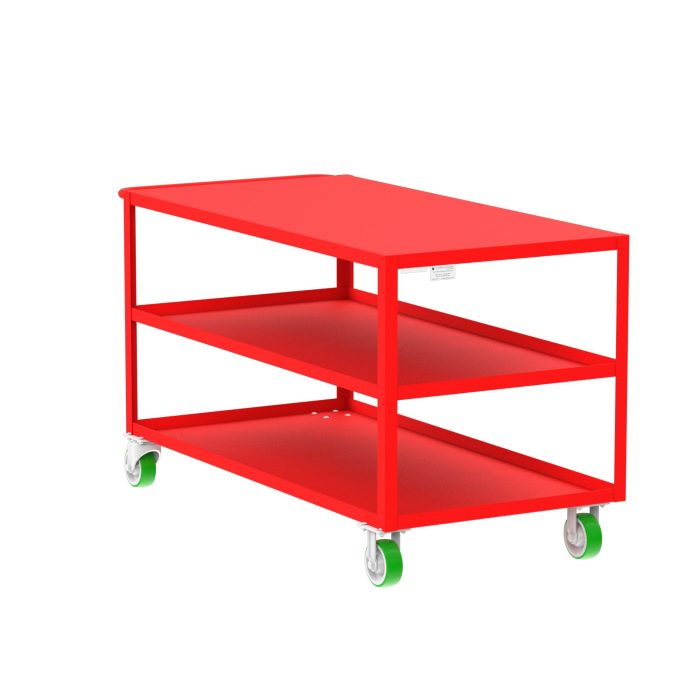 Valley Craft 3-Shelf Utility Cart - Flat Top, 60"L x 30"W x 36"H, 2000 lb. Capacity, (4) Non-Marking Poly Casters, Red