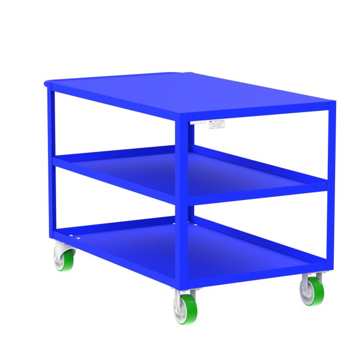 Valley Craft 3-Shelf Utility Cart - Flat Top, 48"L x 30"W x 36"H, 2000 lb. Capacity, (4) Non-Marking Poly Casters, Blue