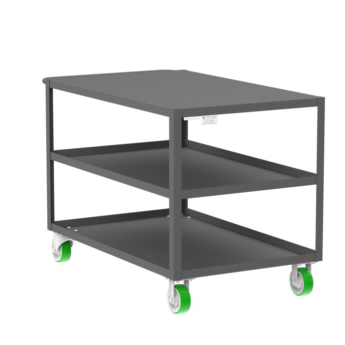 Valley Craft 3-Shelf Utility Cart - Flat Top, 48"L x 30"W x 36"H, 2000 lb. Capacity, (4) Non-Marking Poly Casters, Gray