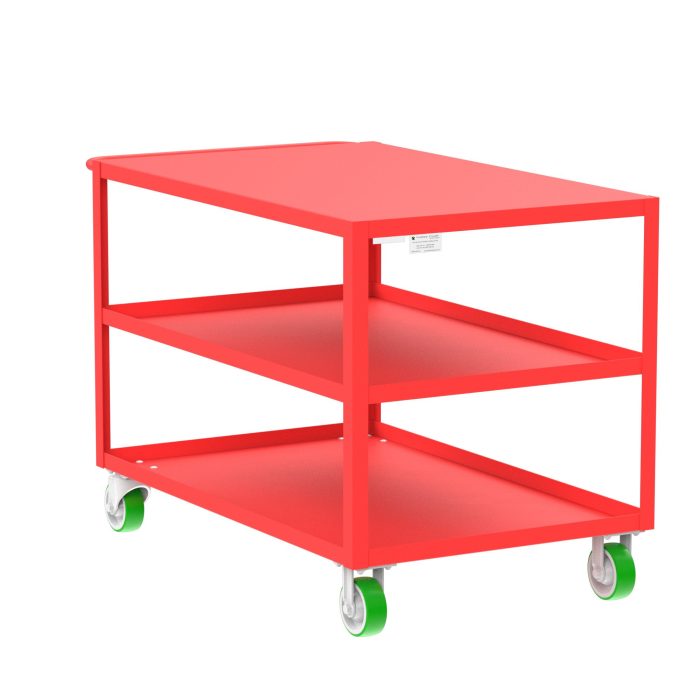 Valley Craft 3-Shelf Utility Cart - Flat Top, 48"L x 30"W x 36"H, 2000 lb. Capacity, (4) Non-Marking Poly Casters, Red