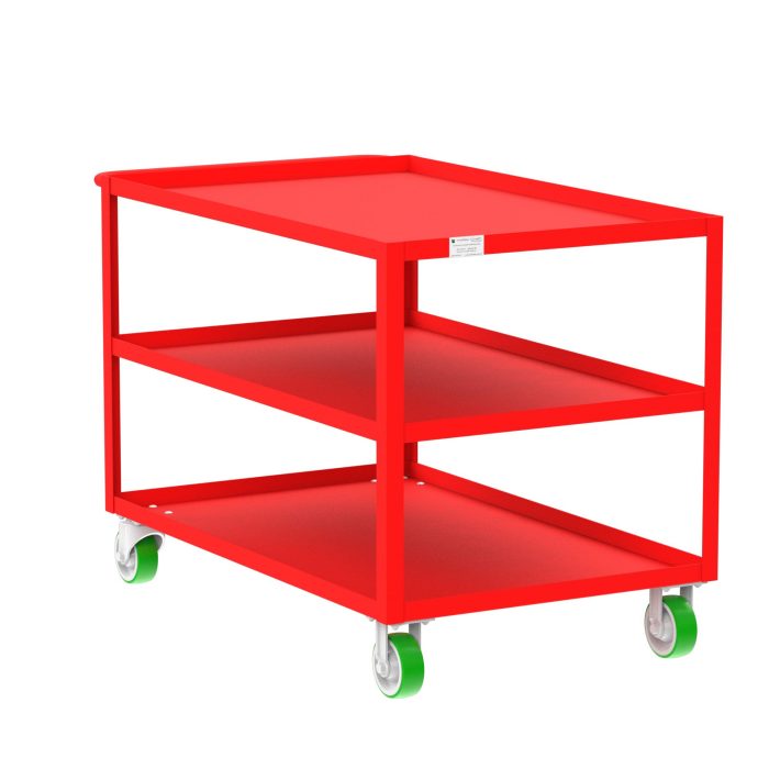 Valley Craft 3-Shelf Utility Cart - 48"L x 30"W x 36"H, 2000 lb. Capacity, (4) Non-Marking Poly Casters, Red