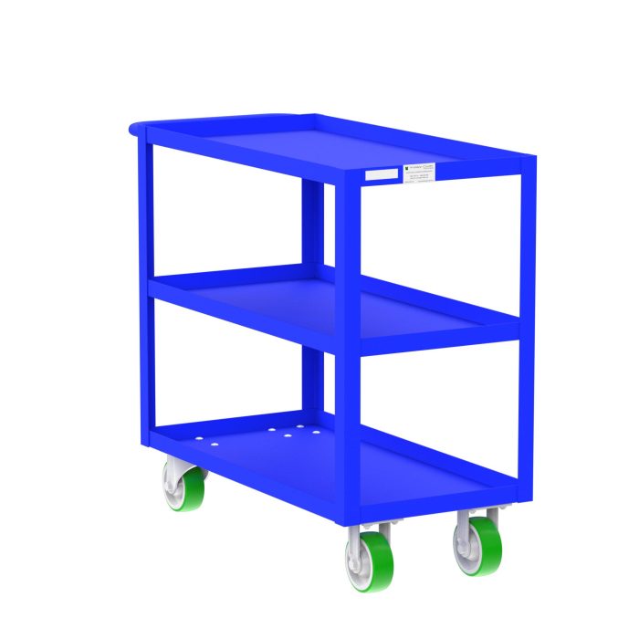 Valley Craft 3-Shelf Utility Cart - 36"L x 18"W x 36"H, 2000 lb. Capacity, (4) Non-Marking Poly Casters, Blue