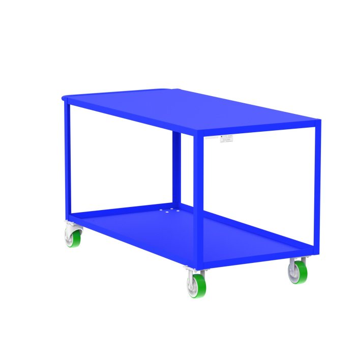 Valley Craft 2-Shelf Utility Cart - Flat Top, 60"L x 30"W x 36"H, 2000 lb. Capacity, (4) Non-Marking Poly Casters, Blue