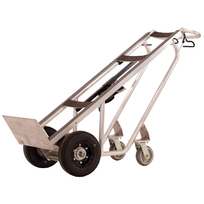 Valley Craft 4-Wheel Deluxe Commercial Hand Truck, Spring-Loaded Extended Frame - Aluminum, (2) Pneumatic (2) Rear Rubber Swivel Wheels, 1000 lb. Capacity, 15' Retractable Safety Strap