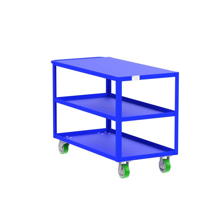 Valley Craft 3-Shelf Utility Cart - Flat Top, 48"L x 24"W x 36"H, 2000 lb. Capacity, (4) Non-Marking Poly Casters, Blue