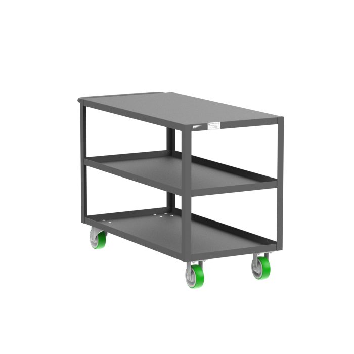 Valley Craft 3-Shelf Utility Cart - Flat Top, 48"L x 24"W x 36"H, 2000 lb. Capacity, (4) Non-Marking Poly Casters, Gray