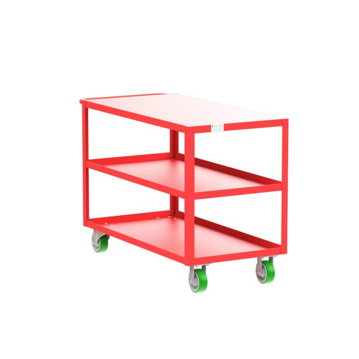 Valley Craft 3-Shelf Utility Cart - Flat Top, 48"L x 24"W x 36"H, 2000 lb. Capacity, (4) Non-Marking Poly Casters, Red