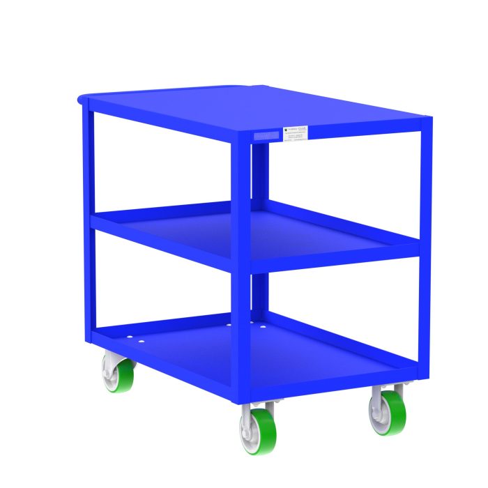 Valley Craft 3-Shelf Utility Cart - Flat Top, 36"L x 24"W x 36"H, 2000 lb. Capacity, (4) Non-Marking Poly Casters, Blue