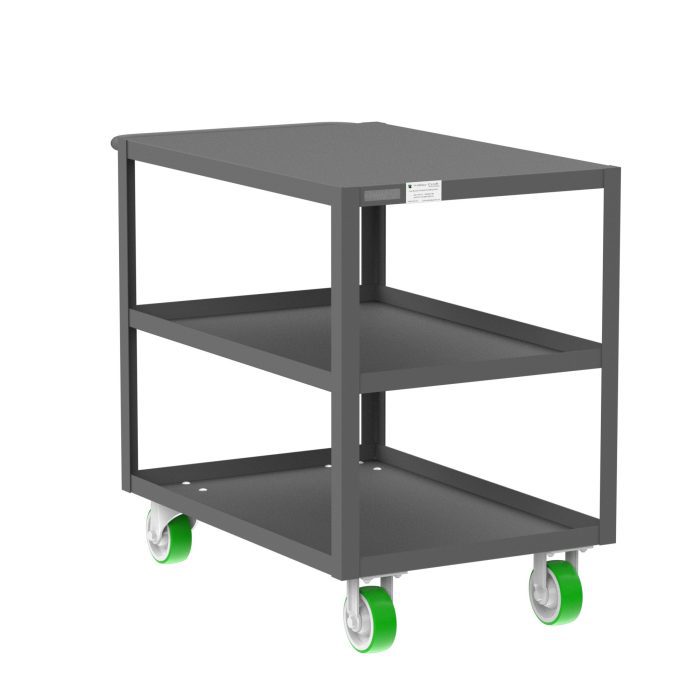 Valley Craft 3-Shelf Utility Cart - Flat Top, 36"L x 24"W x 36"H, 2000 lb. Capacity, (4) Non-Marking Poly Casters, Gray