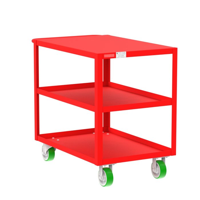 Valley Craft 3-Shelf Utility Cart - Flat Top, 36"L x 24"W x 36"H, 2000 lb. Capacity, (4) Non-Marking Poly Casters, Red