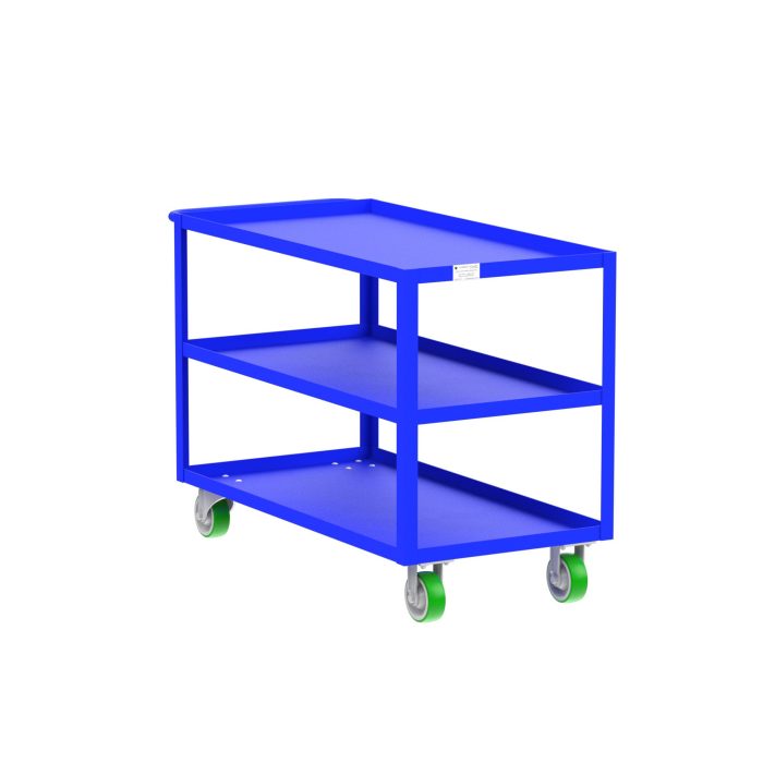 Valley Craft 3-Shelf Utility Cart - 48"L x 24"W x 36"H, 2000 lb. Capacity, (4) Non-Marking Poly Casters, Blue