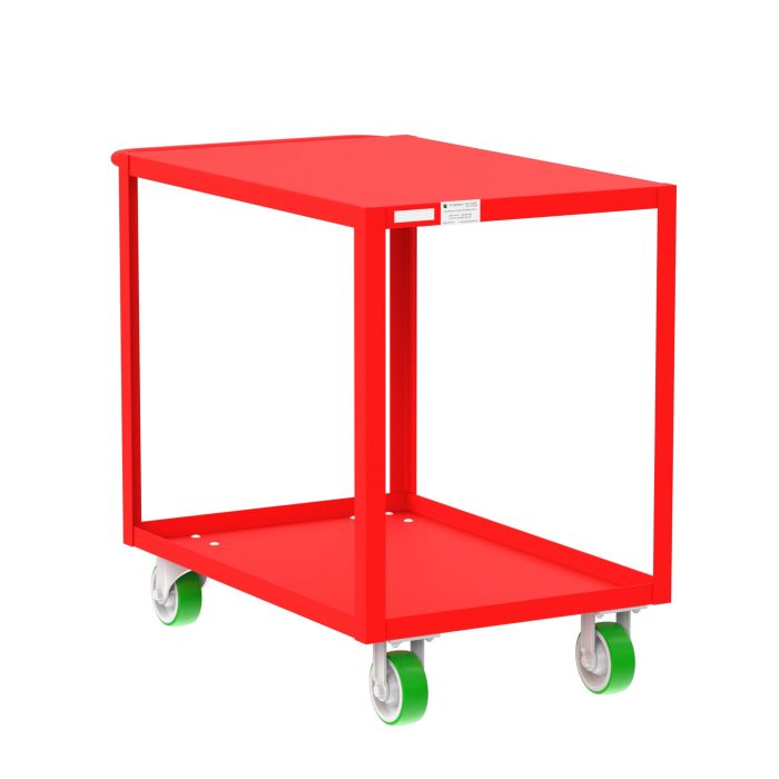 Valley Craft 2-Shelf Utility Cart - Flat Top, 36"L x 24"W x 36"H, 2000 lb. Capacity, (4) Non-Marking Poly Casters, Red