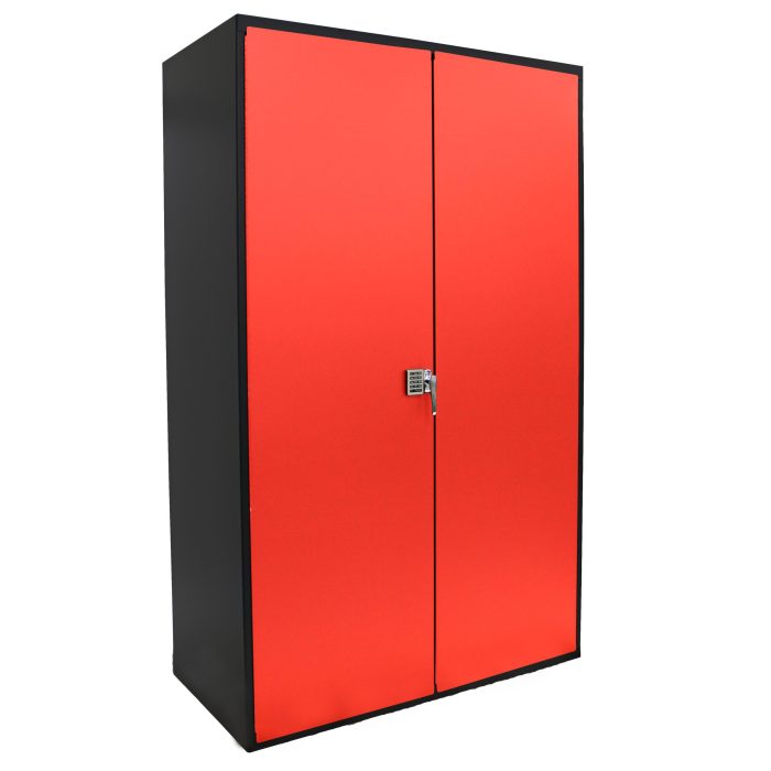 Valley Craft Electronic Locking Cabinet, Deluxe - 48"W X 24"D X 78"H, Louvered Door Panels, (3) Shelves, 1000 lb. Capacity/Shelf, 14 Gauge,Red/Black