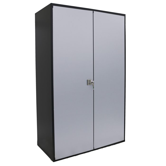 Valley Craft Electronic Locking Cabinet, Deluxe - 48"W X 24"D X 78"H, Louvered Door Panels, (3) Shelves, 1000 lb. Capacity/Shelf, 14 Gauge, Silver/Black