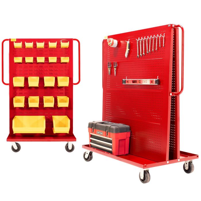 Valley Craft A-Frame Bin & Tool Cart - 2-Sided (1) Louvered Panel (1) Pegboard Panel, 36”L x 30”W x 62”H, 1000 lb. Capacity, Red