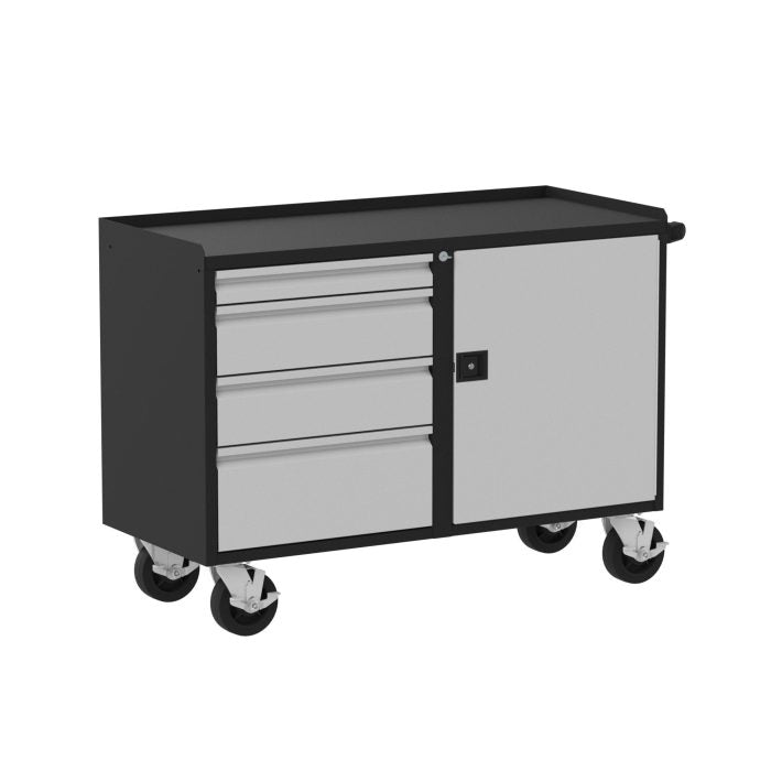Valley Craft Mobile Workbench, 48"W Deluxe - (4) Drawers (1) Door, 48"W x 21"D x 36"H, 2000 lb. Capacity, Silver/Black